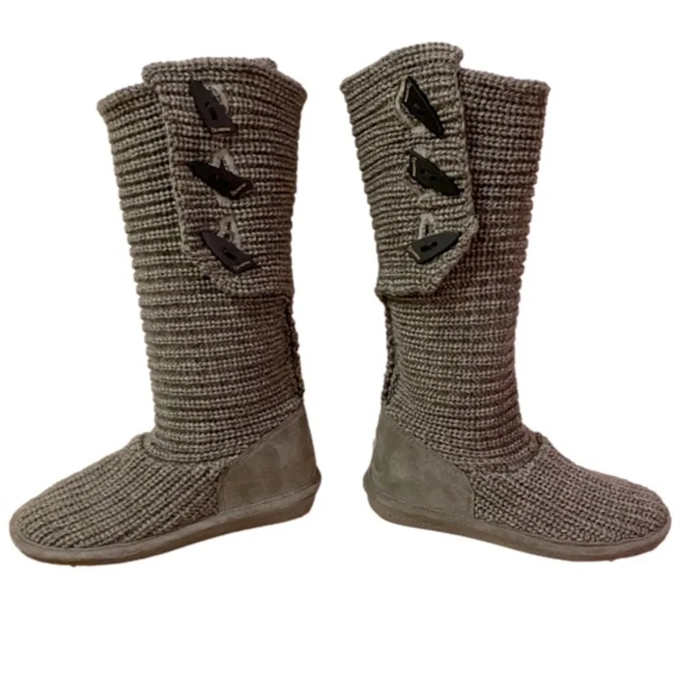 BearPaw Knit Tall Gray Boots Fold Over Pull On Cozy Size 6